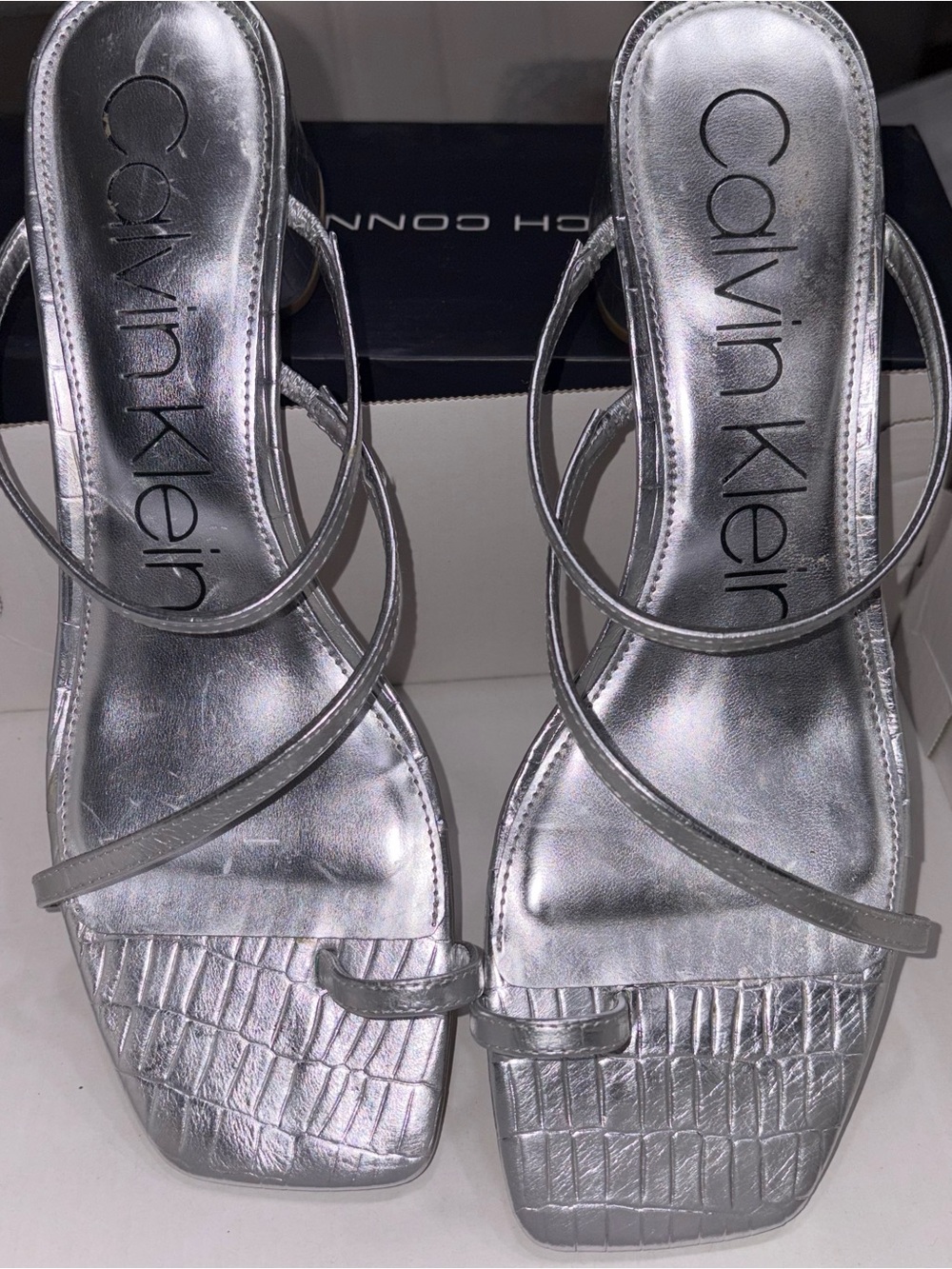 Calvin Klein Metallic Silver Square-Toe Strappy Heels